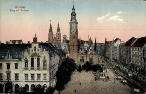 Ak Wrocław Breslau Schlesien,  Ring mit Rathaus,  Architektur, 
