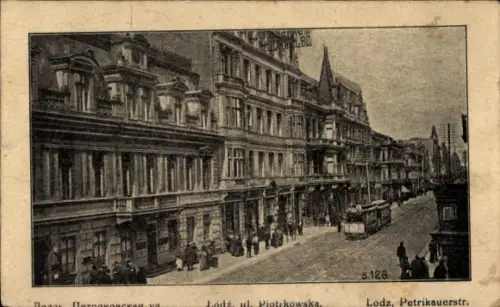Ak Łódź Lodz Lodsch Polen, Straße mit Tram, Gebäude, Menschenmenge,  Piotrkowska