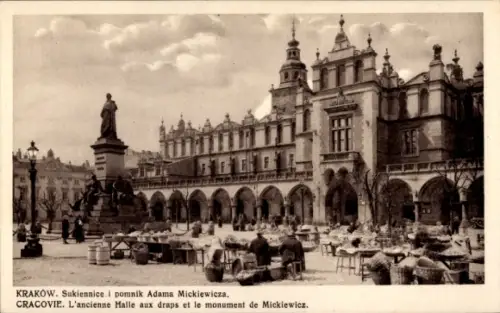 Ak Bielany Kraków Krakau Polen,  Sukiennice, Denkmal von Adam Mickiewicz, Marktstände