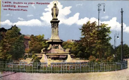 Ak Lwiw Lwów Lemberg Léopol Ukraine, Brunnen, Platz Maryacki,  Statue, Zaun