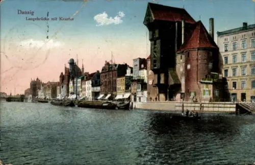 Ak Gdańsk Danzig,  Langebrücke, Krantor, Hafenansicht