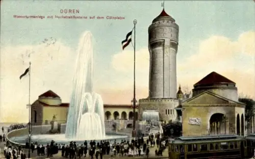 Ak Düren im Rheinland, Wasserturmanlage, Hochstrahlfontaine, Cölnplatz, Düren