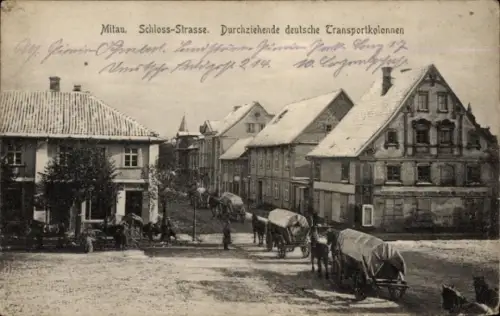 Ak Jelgava Mitau Lettland, Schlossstraße, deutsche Transportkolonnen, Pferdefuhrwerke