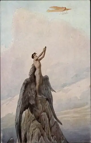 Künstler Ak Solomko, S., Traum des Ikarus, Flugzeug, Mann mit Flügeln