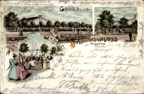 Litho Berlin Köpenick, Strandschloss am Müggelsee, Garten, Besucher