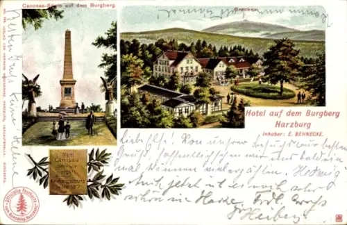 Ak Bad Harzburg in Niedersachsen, Hotel auf dem Burgberg, Brocken, Canossa Säule