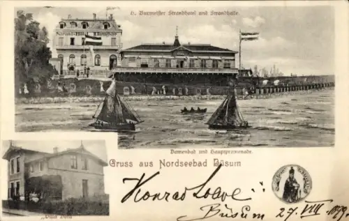 Ak Büsum Schleswig Holstein, Strandhotel und Strandhalle, Damenbad, Hauppromenade
