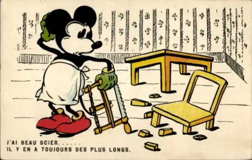 Ak Walt Disney, Micky Maus, Sägearbeit war sehr schwer