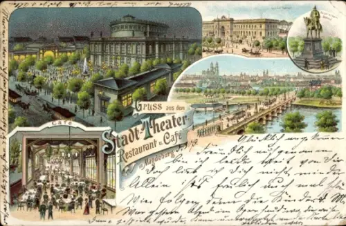 Litho Magdeburg an der Elbe, Cafe, Kaiser Wilhelm Denkmal, Teilansicht