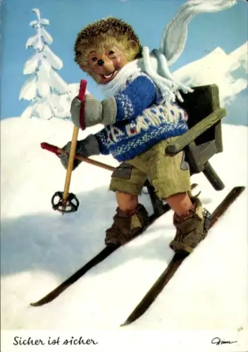 Ak Mecki der Igel, Sicher ist sicher, Ski, auf den Rücken gebundener Stuhl