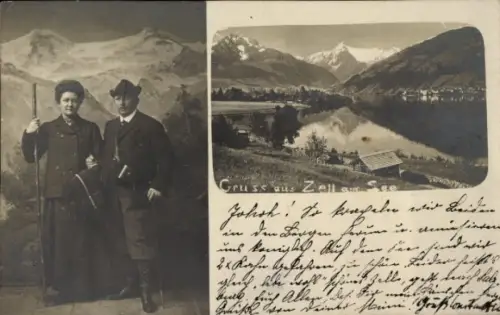 Ak Zell am See in Salzburg, Paar mit Gewehren, Berge im Hintergrund, See,  aus Zell am See