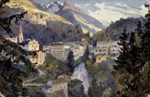 Künstler Ak Compton, E. H., Bad Gastein in Salzburg Totalansicht vom Ort, Talpanorama, Berge