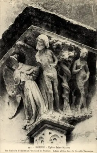 Ak Rouen Seine Maritime, Basrelief, Adam und Eva, Engel, Kirche, Rouen