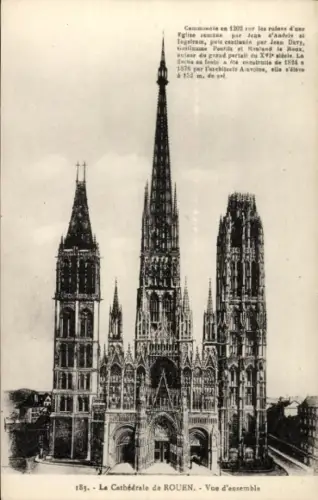 Ak Rouen Seine Maritime, Kathedrale von  gotische Architektur, hohe Türme,  Beschreibung