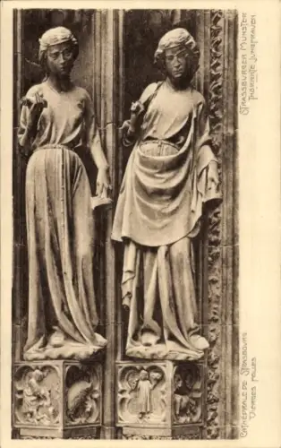 Ak Strasbourg Straßburg Elsass Bas Rhin, Skulpturen, Kathedrale von  zwei Figuren, religiöse Dars