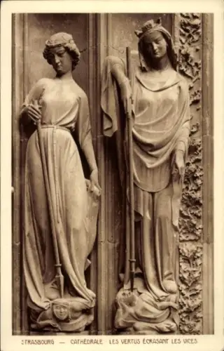 Ak Strasbourg Straßburg Elsass Bas Rhin, Straßburger Münster: Tugenden besiegen Laster