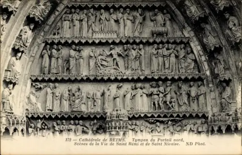 Ak Reims Marne, Reliefdarstellung, Kathedrale von  Szenen von Saint Rémi, Saint Nicaise