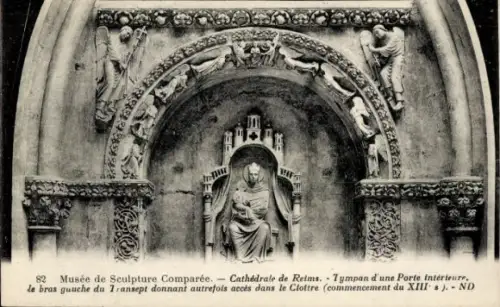 Ak Reims Marne, Relief der Kathedrale von  Tympanon einer Innenpforte, Skulpturen, Musée de Sculp