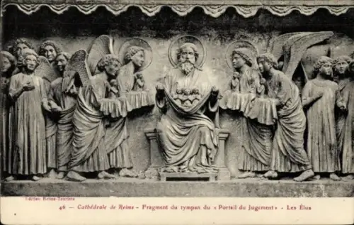 Ak Reims Marne, Relief der Kathedrale von  Christus mit Engeln, Fragment des Portals