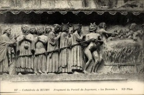 Ak Reims Marne, Relief der Kathedrale, Figuren, Teufel, Hölle, Verurteilte