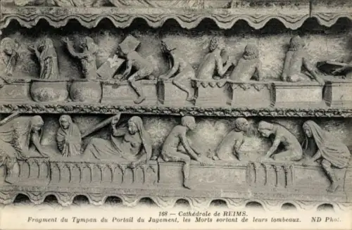 Ak Reims Marne, Reliefdarstellung, Kathedrale von  Toten auferstehend, Detail