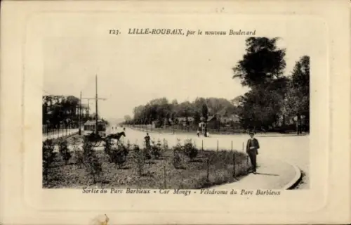 Ak Lille Roubaix Nord, par le nouveau Boulevard, Sortie du Parc Barbieux, Car Mongy