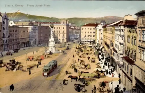 Ak Linz an der Donau Oberösterreich, Franz Josef-Platz, Straßenbahn, Menschen, Marktstände, Linz 