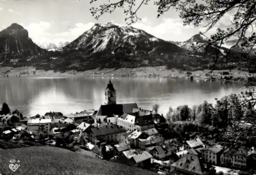 Ak St. Wolfgang am Wolfgangsee Oberösterreich, Schwarz-Weiß-Foto,  Kirche, Berge, See