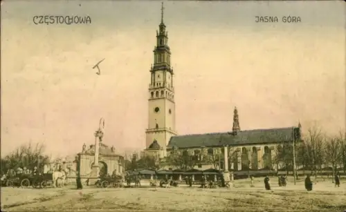 Ak Częstochowa Tschenstochau Schlesien,  Jasna Góra, Turm, Bäume, Menschen, Kutschen