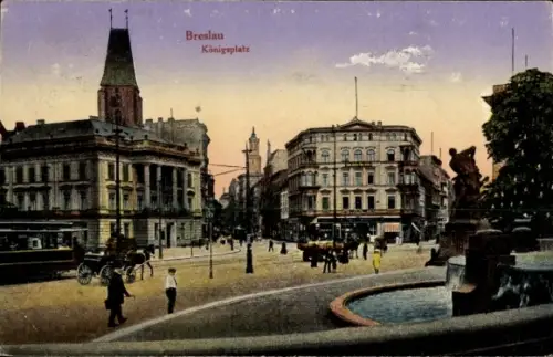 Ak Wrocław Breslau Schlesien,  Königsplatz, Straßenansicht, Menschen, Pferdewagen