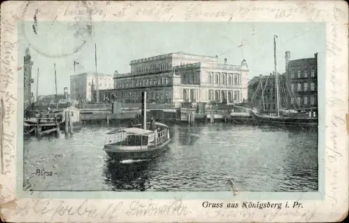 Ak Kaliningrad Königsberg Ostpreußen, Blick auf den Hafen, Boot, Gebäude, Gruss aus Königsberg i.