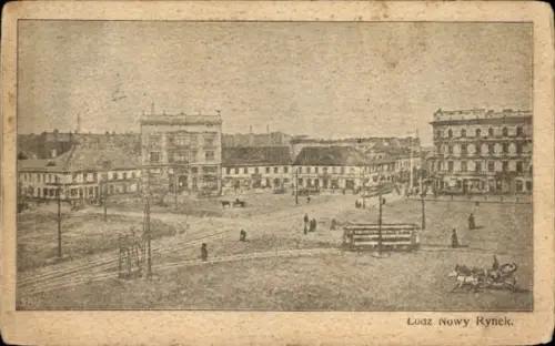 Ak Łódź Lodz Lodsch Polen, Lodz Nowy Rynek,  Stadtansicht, Menschen, Pferde, Straßenbahn
