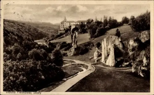 Ak Ojców Polen, Donna Pieskowej Skały, Felsen, Fluss, Landschaft, Gebäude im Hintergrund