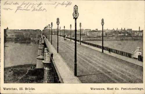 Ak Warszawa Warschau Polen,  III. Brücke, Flussansicht, Laternen, Menschen auf der Brücke