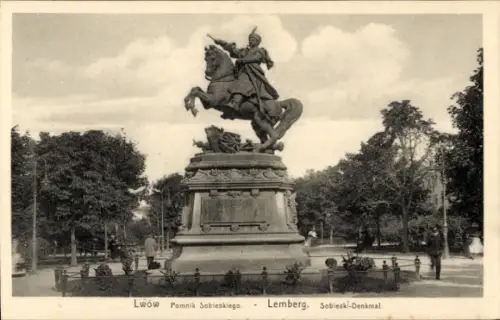 Ak Lwiw Lwów Lemberg Léopol Ukraine, Reiterstatue, Denkmal für Sobieski,  Lemberg