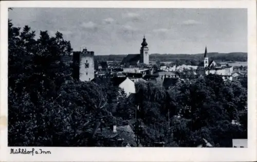 Ak Mühldorf am Inn Oberbayern, Stadtansicht,  Kirche, Bäume, Häuser