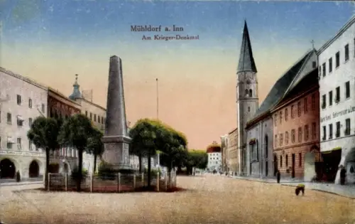 Ak Mühldorf am Inn Oberbayern,  Krieger-Denkmal, Obelisk, Kirche, Bäume