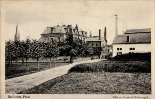 Ak Bellheim in der Pfalz,  Pfalz, Villa u. Brauerei Silbernagel, Straße, Bäume