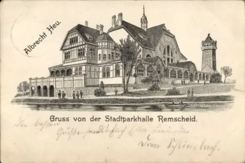 Ak Remscheid im Bergischen Land, Stadtparkhalle  Fluss, Bäume, Architektur