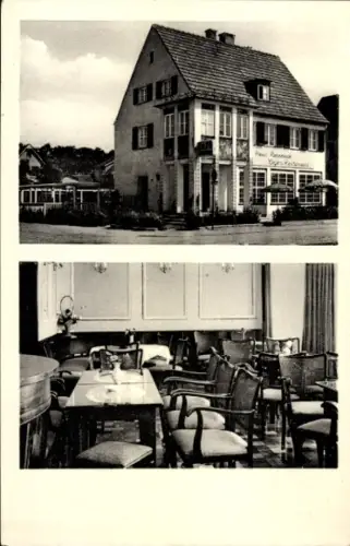 Ak Darmstadt in Hessen, Café-Restaurant Haus Roseneck, Außenansicht, Innenraum mit Tischen und St