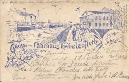 Litho Twielenfleth an der Elbe, Fährhaus Twielenfleth, Joh. v. Schassen, Dampfschiff
