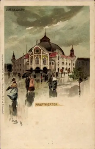 Künstler Litho Grothe, J., Düsseldorf am Rhein, Apollotheater, Straßenpartie im Regen, Passanten