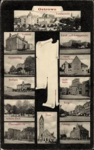 Ak Ostrów Wielkopolski Ostrowo Posen, Postamt, Land- und Amtsgericht, Gymnasium, Rathaus, Stadt-h