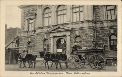 Ak Jelgava Mitau Lettland, Pferdewagen, Zivilverwaltung, Gebäude, Kriegsschauplatz, Mitau