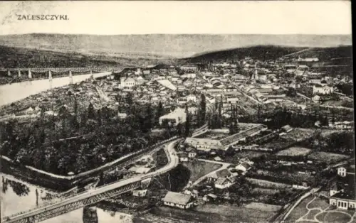 Ak Salischtschyky Zaleszczyki Ukraine, Luftaufnahme von  Stadtansicht, Brücke, Fluss