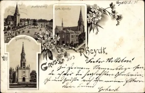 Vorläufer Litho Rheydt Mönchengladbach am Niederrhein, Marktplatz, Friedenskirche, 1895