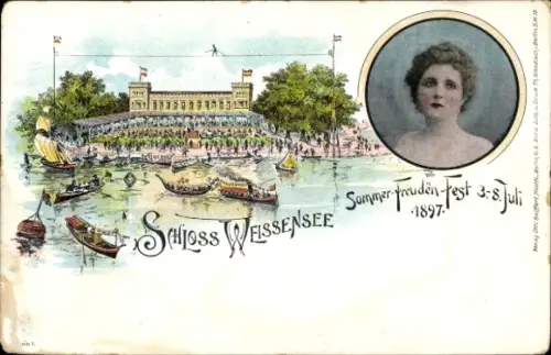 Litho Berlin Weißensee, Schloss Weissensee, Sommer-Freuden-Fest 1897, Frauenportrait