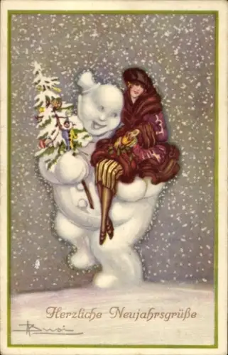 Künstler Ak Glückwunsch Neujahr, Schneemann, Frau, Tannenbaum