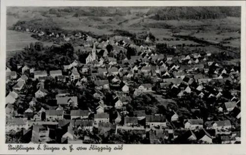 Ak Steißlingen im Hegau Baden, Luftaufnahme von  viele Häuser, Kirche sichtbar, Flugzeug