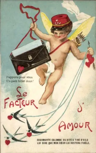 Präge Ak Amor als Briefträger, Herzen